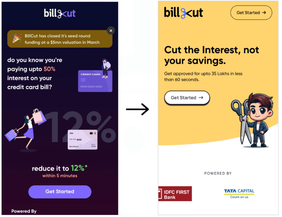 BillCut website before and after the user experience redesign